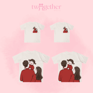 Áo thun gia đình Twogether Studio in hình bố mẹ và con phong cách minh họa dễ thương, áo thun gia đình màu trắng