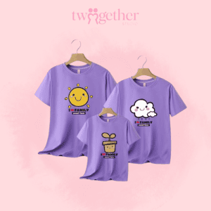 Mua áo thun gia đình màu tím pastel in hình mặt trời, đám mây và mầm cây đáng yêu tại Twogether STUDIO.
